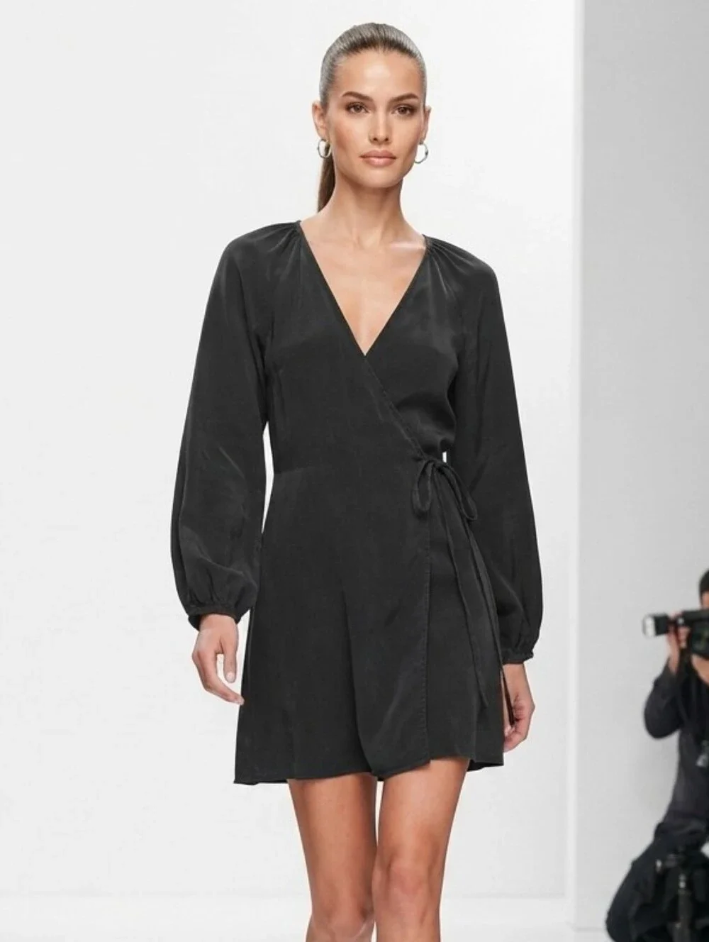 J.Crew Black Silk-Touch Lyocell Wrap Mini Dress Size S Long Sleeve V-Neck